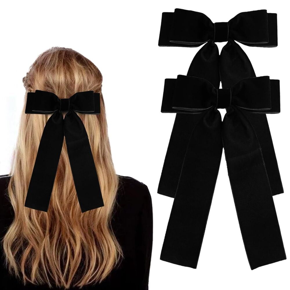 2Pcs Black Velvet Ribbon Bow Hair Clips for Women Girls Teens